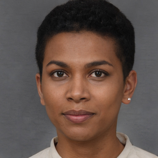 Neutral black young-adult female with short  black hair and brown eyes