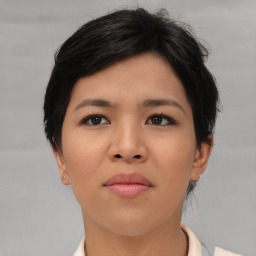 Neutral asian young-adult female with short  brown hair and brown eyes