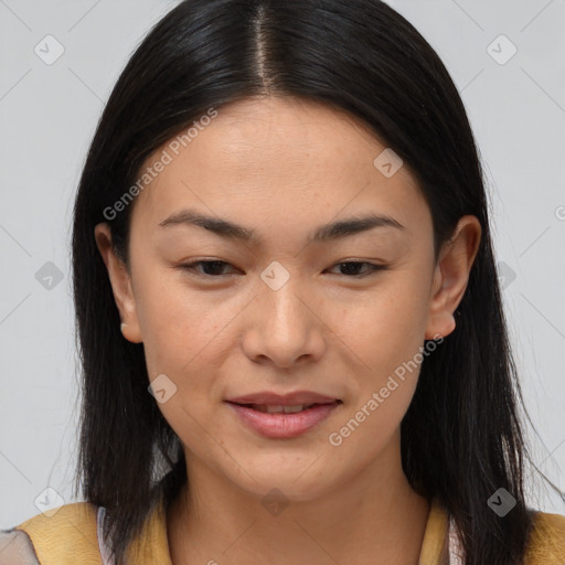 Joyful asian young-adult female with long  brown hair and brown eyes