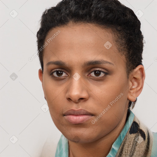 Neutral black young-adult female with short  brown hair and brown eyes