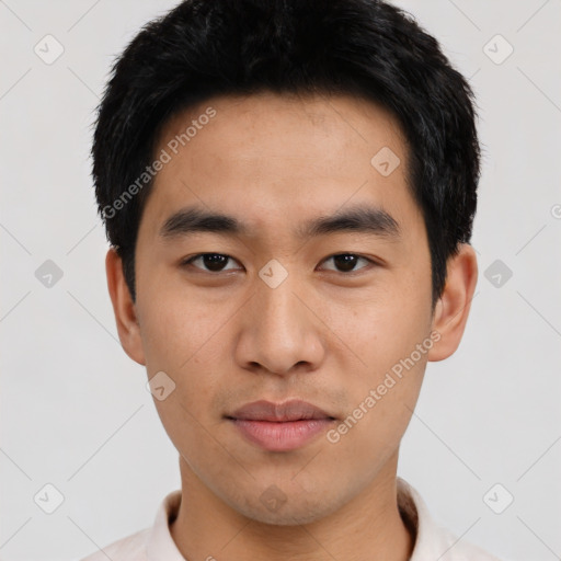 Neutral asian young-adult male with short  black hair and brown eyes