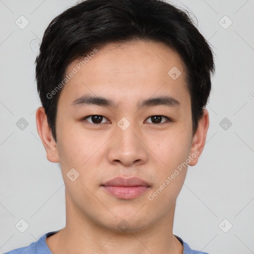 Neutral asian young-adult male with short  brown hair and brown eyes