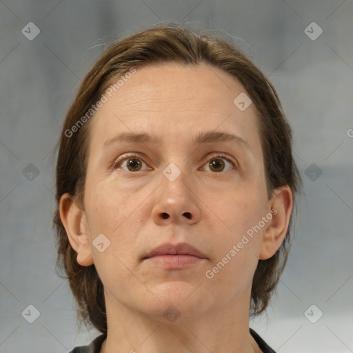 Neutral white adult female with medium  brown hair and brown eyes