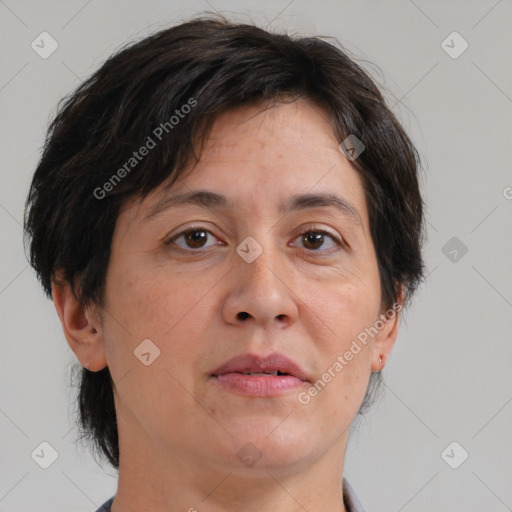 Joyful white adult female with medium  brown hair and brown eyes