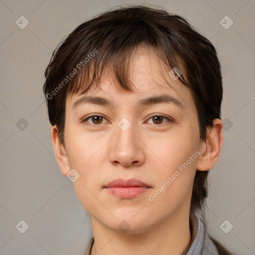 Neutral white young-adult female with short  brown hair and brown eyes