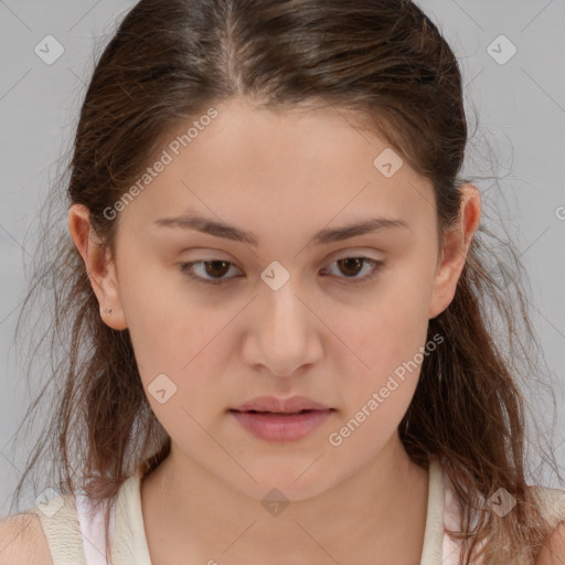 Neutral white young-adult female with medium  brown hair and brown eyes