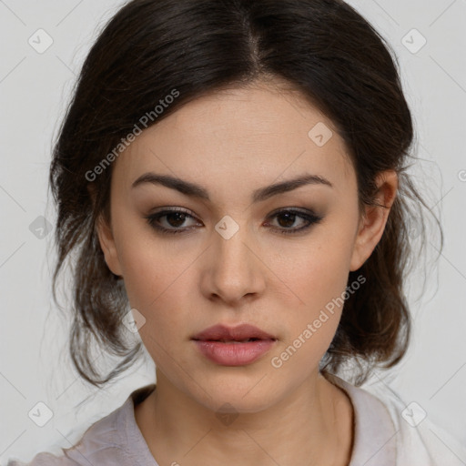 Neutral white young-adult female with medium  brown hair and brown eyes