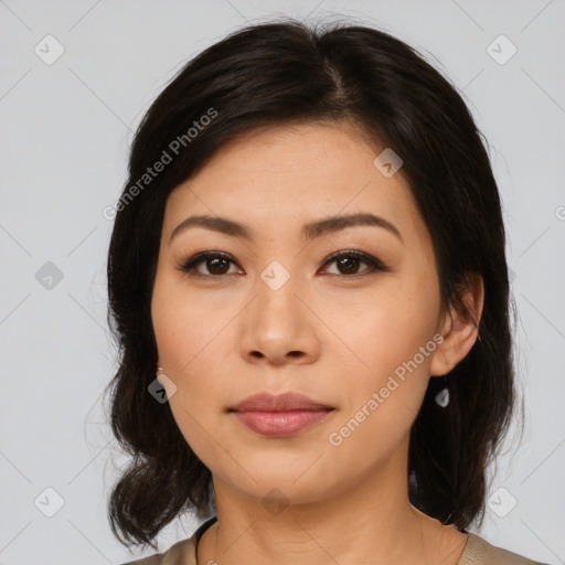 Neutral asian young-adult female with medium  brown hair and brown eyes