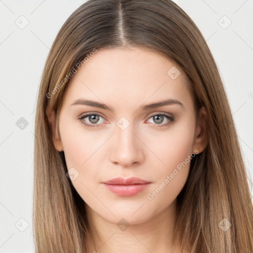 Neutral white young-adult female with long  brown hair and brown eyes