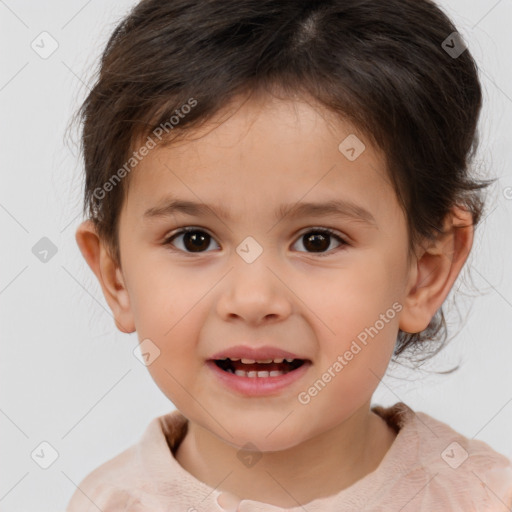 Joyful white child female with medium  brown hair and brown eyes