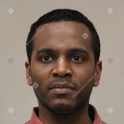 Neutral black young-adult male with short  black hair and brown eyes