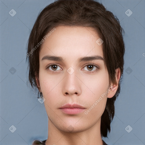 Neutral white young-adult female with medium  brown hair and brown eyes