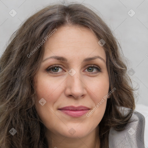 Joyful white young-adult female with long  brown hair and green eyes