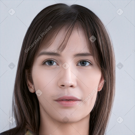 Neutral white young-adult female with long  brown hair and brown eyes