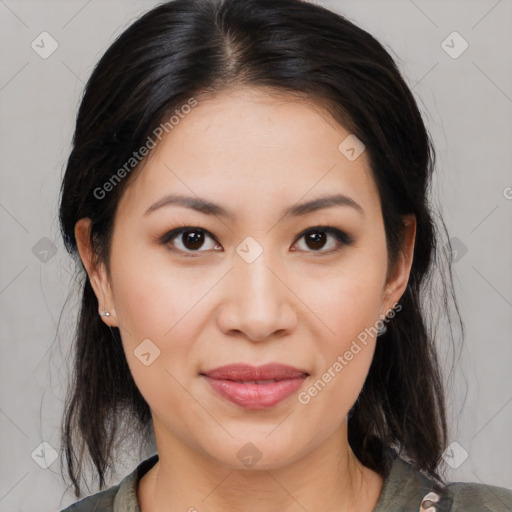 Joyful asian young-adult female with medium  brown hair and brown eyes