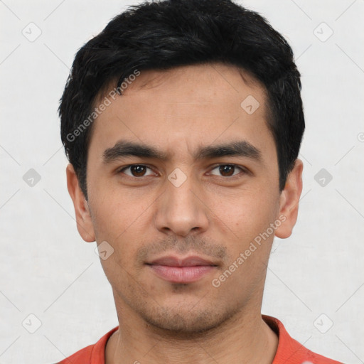 Neutral asian young-adult male with short  black hair and brown eyes