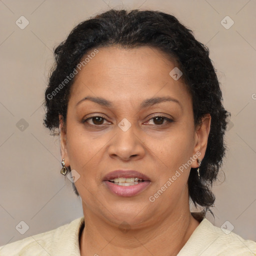 Joyful black adult female with short  brown hair and brown eyes