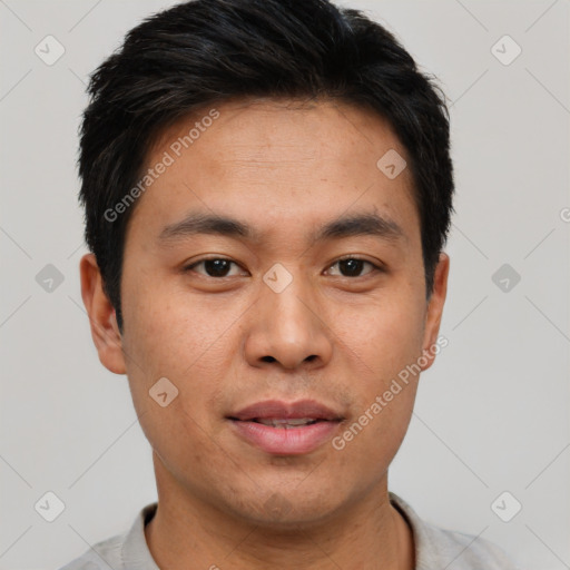 Neutral asian young-adult male with short  black hair and brown eyes