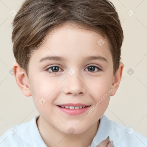 Joyful white child female with short  brown hair and brown eyes