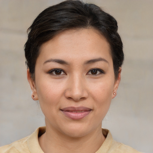 Joyful asian young-adult female with short  brown hair and brown eyes