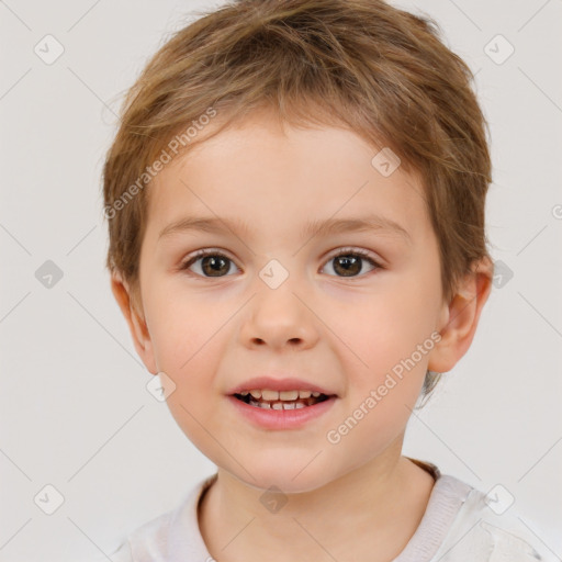 Joyful white child female with short  brown hair and brown eyes