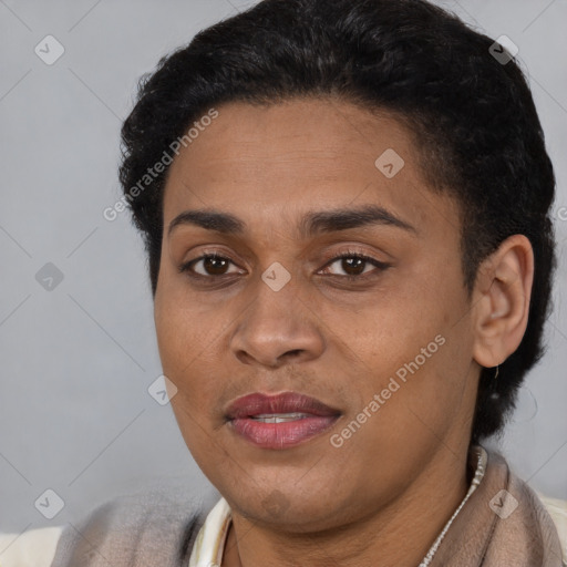 Joyful latino young-adult female with short  brown hair and brown eyes