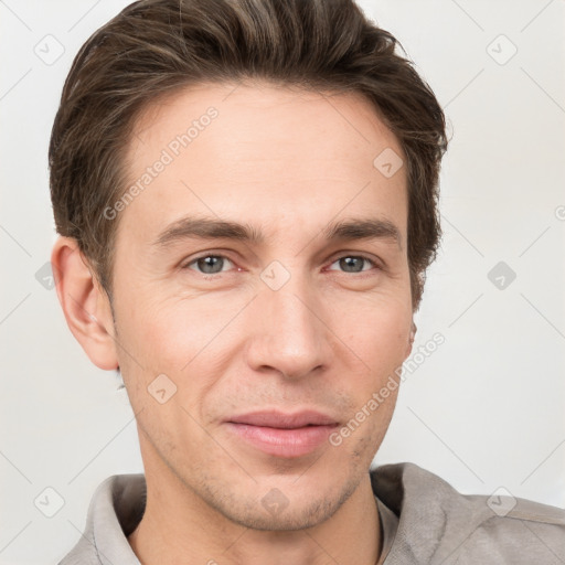 Neutral white young-adult male with short  brown hair and grey eyes