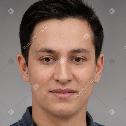 Joyful white adult male with short  brown hair and brown eyes