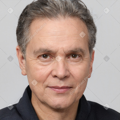 Joyful white middle-aged male with short  brown hair and brown eyes