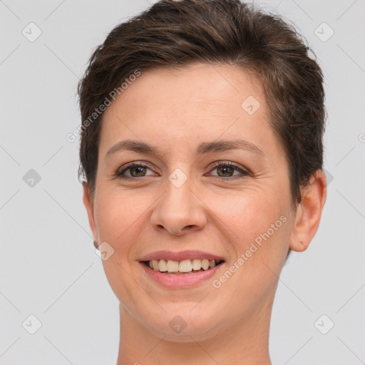 Joyful white young-adult female with short  brown hair and brown eyes