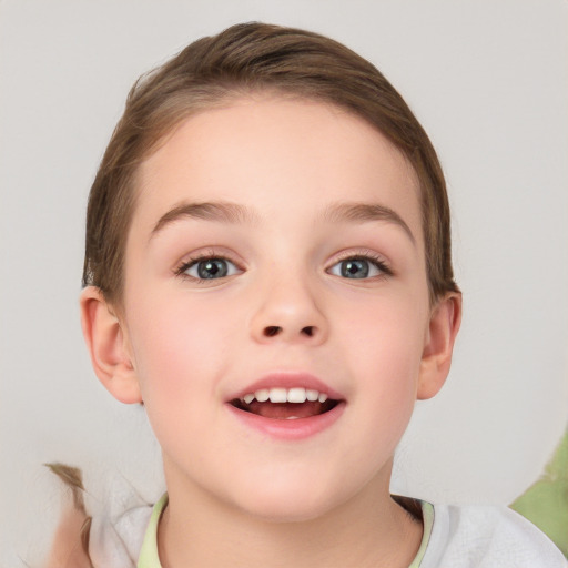 Joyful white child female with medium  brown hair and blue eyes