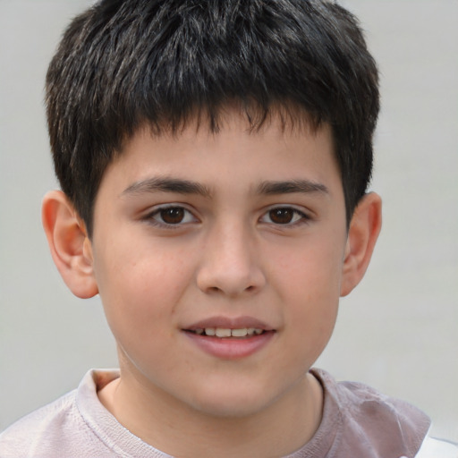 Joyful white child male with short  brown hair and brown eyes