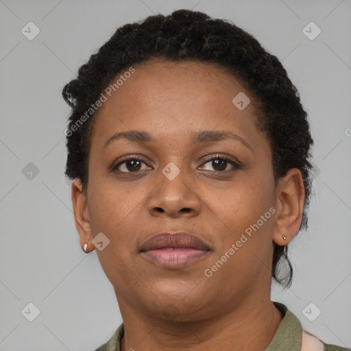 Neutral black young-adult female with short  brown hair and brown eyes