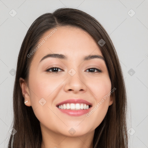 Joyful white young-adult female with long  brown hair and brown eyes