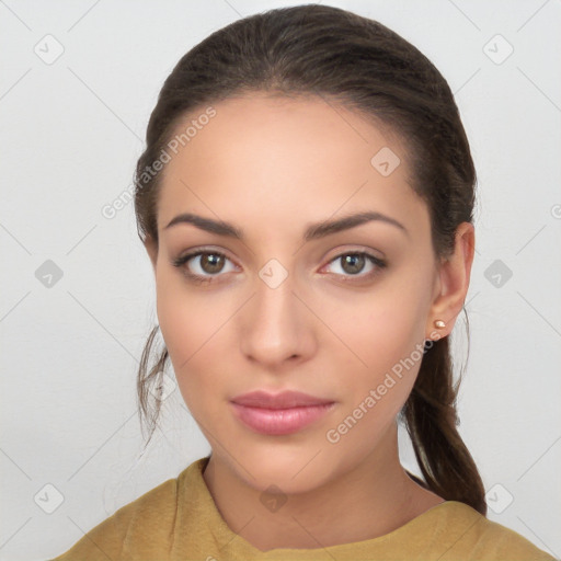 Neutral white young-adult female with medium  brown hair and brown eyes