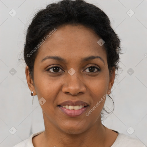 Joyful latino young-adult female with short  brown hair and brown eyes