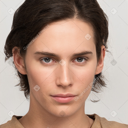 Neutral white young-adult female with medium  brown hair and grey eyes