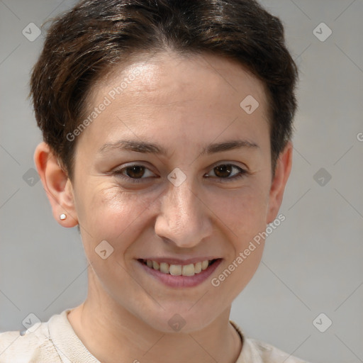 Joyful white young-adult female with short  brown hair and brown eyes