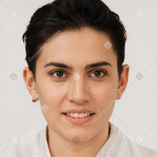 Joyful white young-adult female with short  brown hair and brown eyes