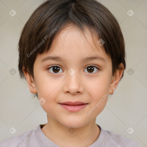 Joyful white child female with short  brown hair and brown eyes