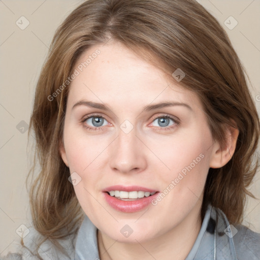 Joyful white young-adult female with medium  brown hair and blue eyes