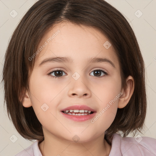 Joyful white child female with medium  brown hair and brown eyes