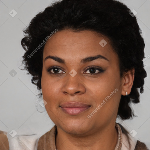 Joyful black young-adult female with medium  black hair and brown eyes