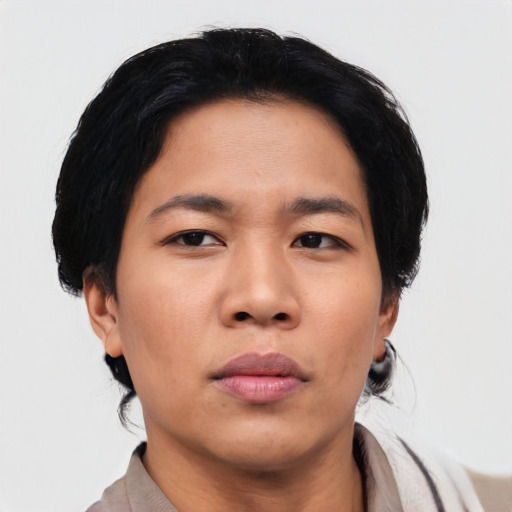 Neutral asian young-adult female with medium  black hair and brown eyes