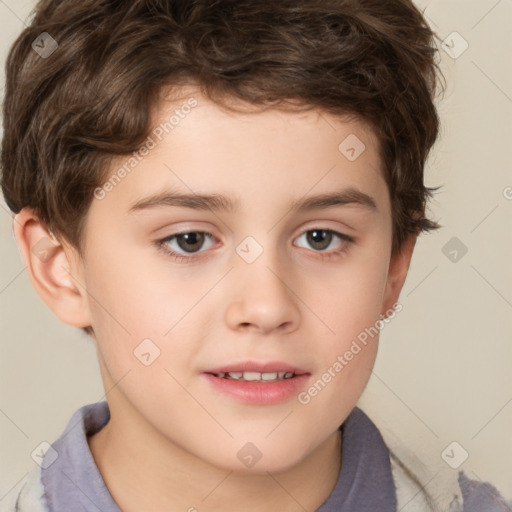 Joyful white child male with short  brown hair and brown eyes