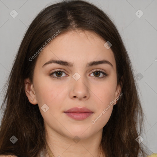 Neutral white young-adult female with long  brown hair and brown eyes