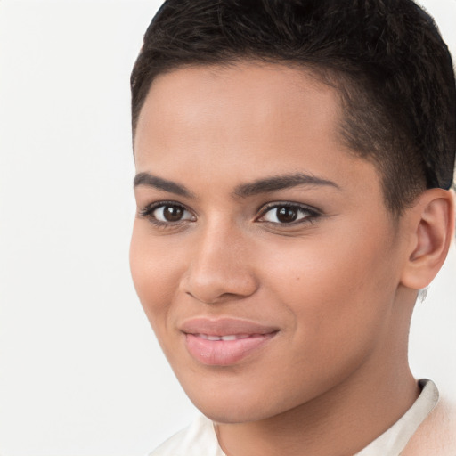 Joyful white young-adult female with short  brown hair and brown eyes