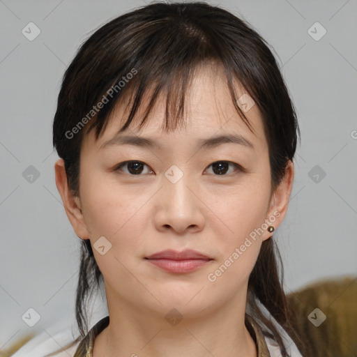 Neutral white young-adult female with medium  brown hair and brown eyes