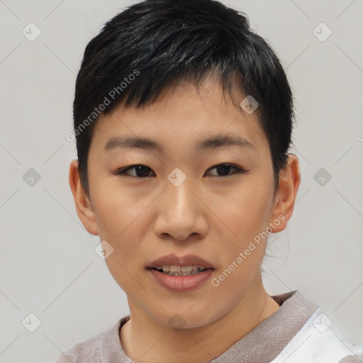 Joyful asian young-adult female with short  black hair and brown eyes