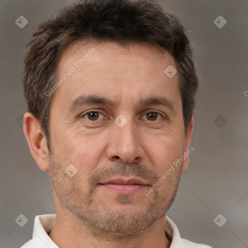 Neutral white adult male with short  brown hair and brown eyes